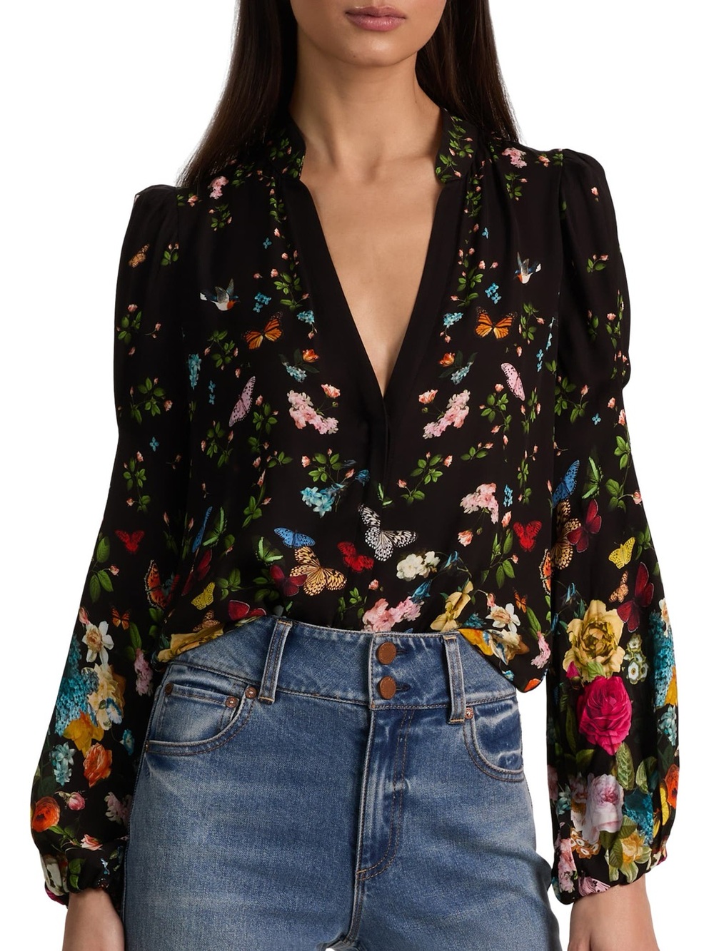 Alice + Olivia Helen Blouson Sleeve Blouse in Solar Strength Black S